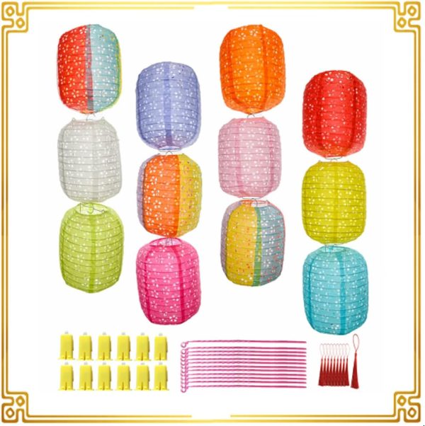 12Pcs Chinese Paper Lanterns with LED Lights, Hollow Out Hanging Asia Japanese Paper Lamps with Tassels Walking Sticks 8 In Lantern for Chinese New Year Lanterns Decorations(oval-shaped) - Image 2