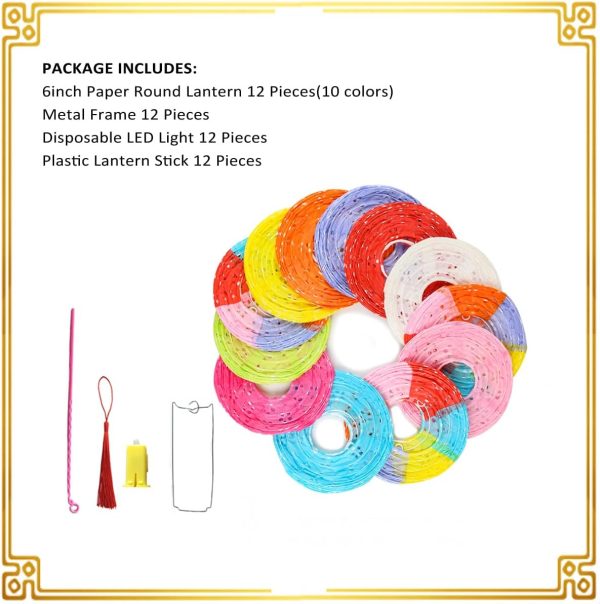12Pcs Chinese Paper Lanterns with LED Lights, Hollow Out Hanging Asia Japanese Paper Lamps with Tassels Walking Sticks 8 In Lantern for Chinese New Year Lanterns Decorations(oval-shaped) - Image 3