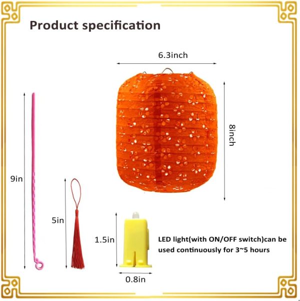 12Pcs Chinese Paper Lanterns with LED Lights, Hollow Out Hanging Asia Japanese Paper Lamps with Tassels Walking Sticks 8 In Lantern for Chinese New Year Lanterns Decorations(oval-shaped) - Image 4