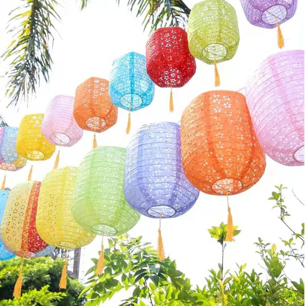 12Pcs Chinese Paper Lanterns with LED Lights, Hollow Out Hanging Asia Japanese Paper Lamps with Tassels Walking Sticks 8 In Lantern for Chinese New Year Lanterns Decorations(oval-shaped) - Image 5