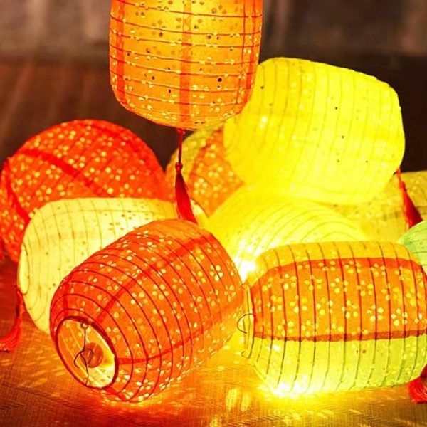 12Pcs Chinese Paper Lanterns with LED Lights, Hollow Out Hanging Asia Japanese Paper Lamps with Tassels Walking Sticks 8 In Lantern for Chinese New Year Lanterns Decorations(oval-shaped) - Image 6