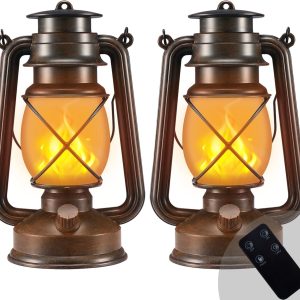 Outdoor Lantern Hanging Vintage Led Waterproof Camping Lamps with Dancing Flame Non-Solar Remote Control Light Landscape Decor for Table Patio Garden Yard Pathway Porch 2Pack (3AA Batteries Power)